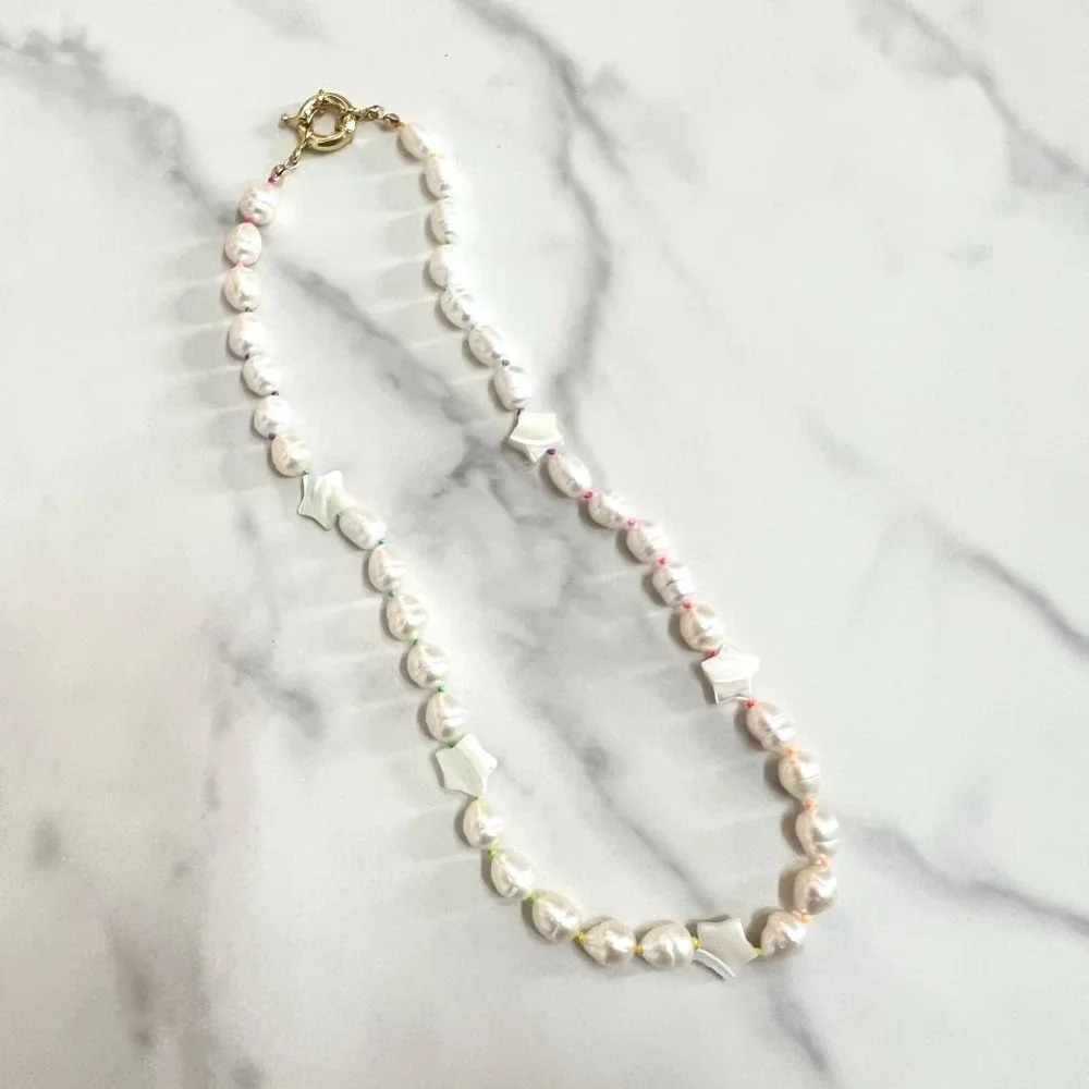 Baroque Freshwater Pearl Hand-knotted Necklace, Rainbow Silk, Gold Fille… - Picture 7 of 10